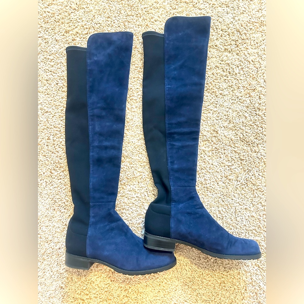 Stuart Weitzman 5050 microstretch suede leather tall navy blue boots